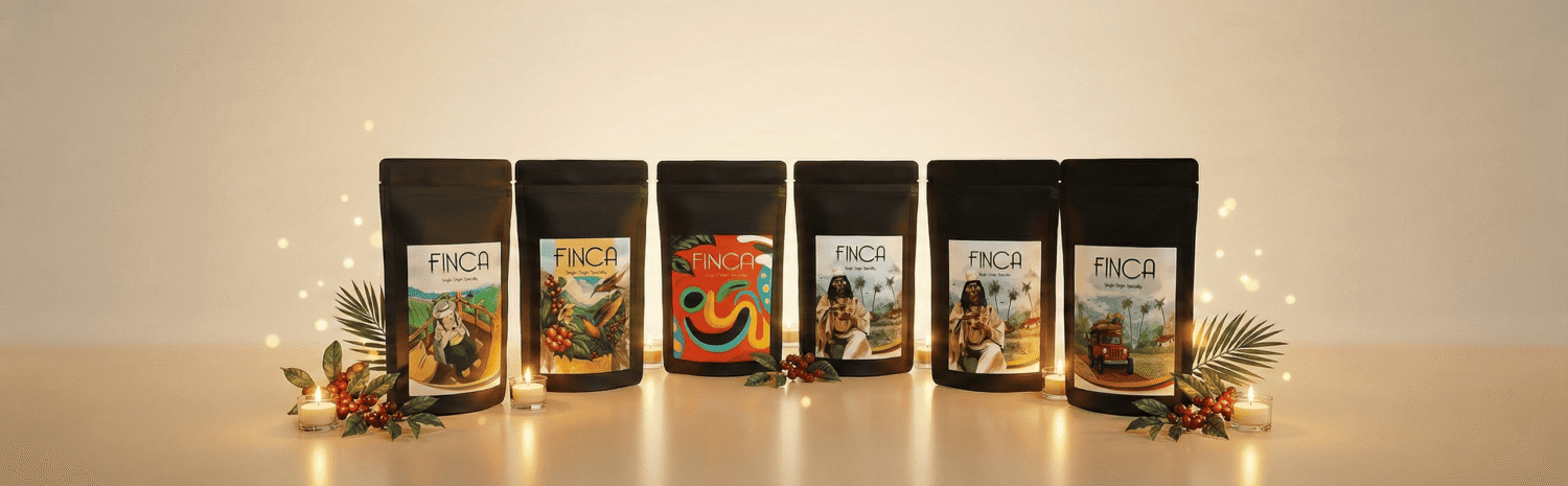 Premium Colombian specialty coffee holiday bundle with six matte-black coffee bags displayed in a modern minimalist Christmas layout with warm candle-inspired lighting